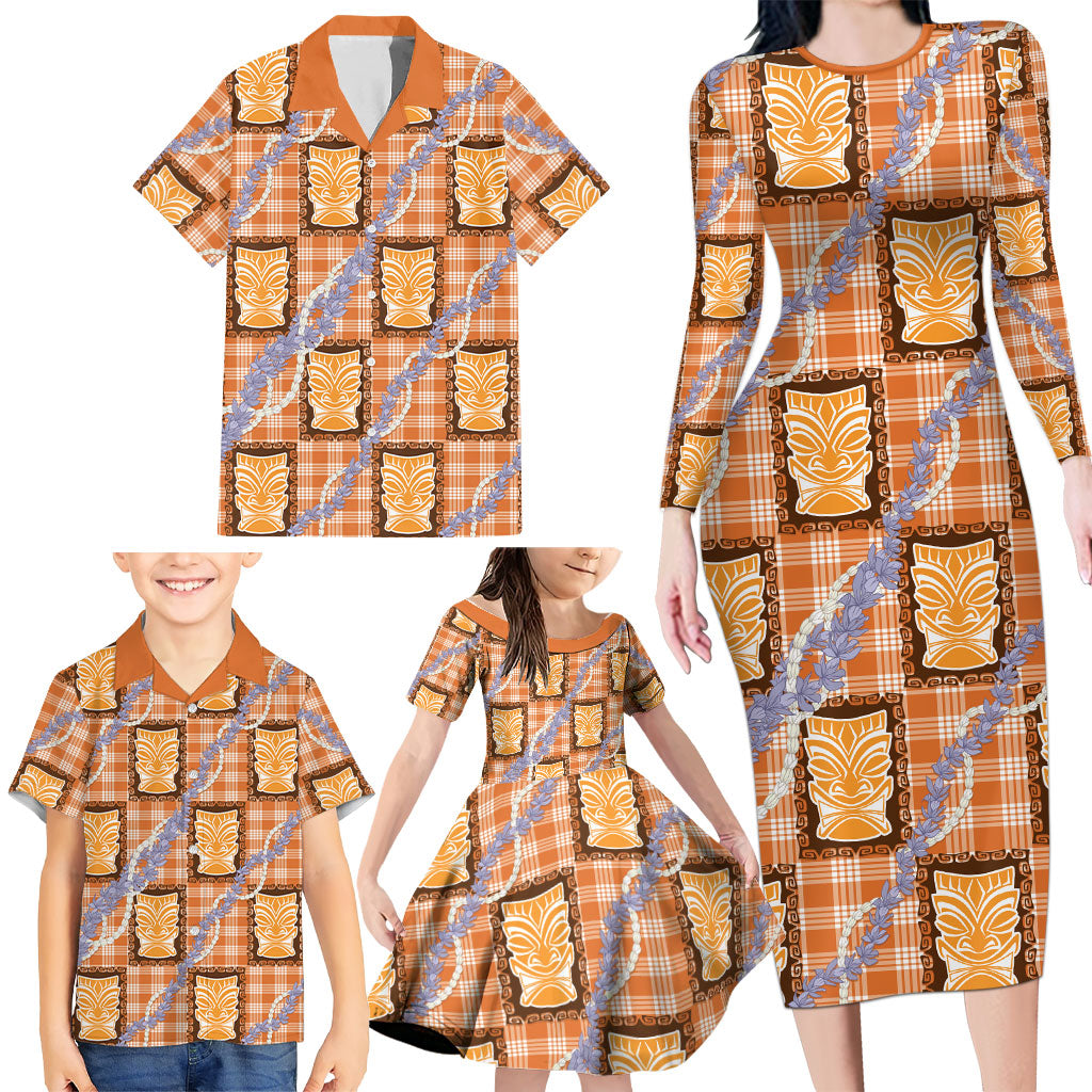 Aloha Hawaii Tiki Palaka Motifs Family Matching Long Sleeve Bodycon Dress and Hawaiian Shirt Honohono Lei Orange Elegant Vibes
