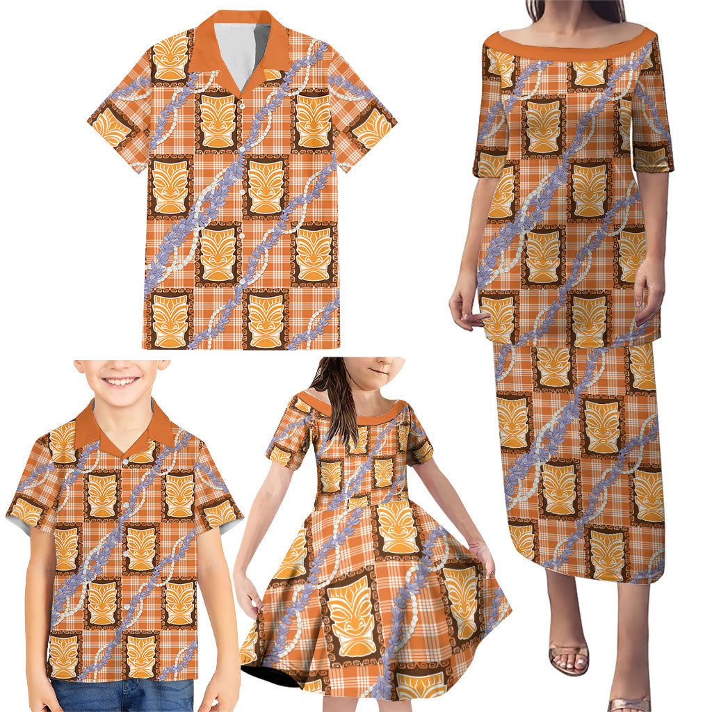Aloha Hawaii Tiki Palaka Motifs Family Matching Puletasi and Hawaiian Shirt Honohono Lei Orange Elegant Vibes