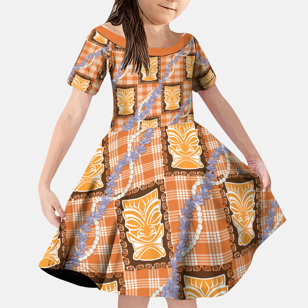 Aloha Hawaii Tiki Palaka Motifs Family Matching Tank Maxi Dress and Hawaiian Shirt Honohono Lei Orange Elegant Vibes LT14 Daughter's Dress Orange - Polynesian Pride
