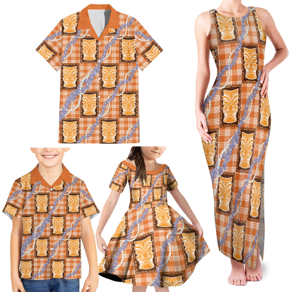 Aloha Hawaii Tiki Palaka Motifs Family Matching Tank Maxi Dress and Hawaiian Shirt Honohono Lei Orange Elegant Vibes LT14 - Polynesian Pride