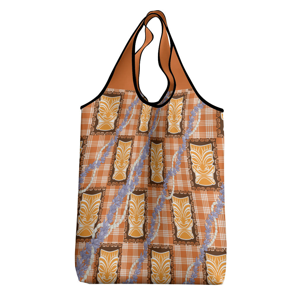 Aloha Hawaii Tiki Palaka Motifs Grocery Bag Honohono Lei Orange Elegant Vibes