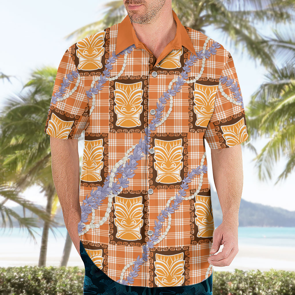 Aloha Hawaii Tiki Palaka Motifs Hawaiian Shirt Honohono Lei Orange Elegant Vibes