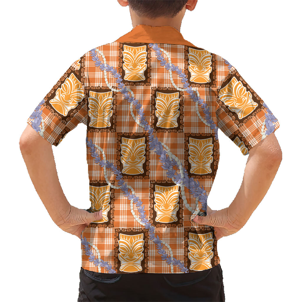 Aloha Hawaii Tiki Palaka Motifs Hawaiian Shirt Honohono Lei Orange Elegant Vibes