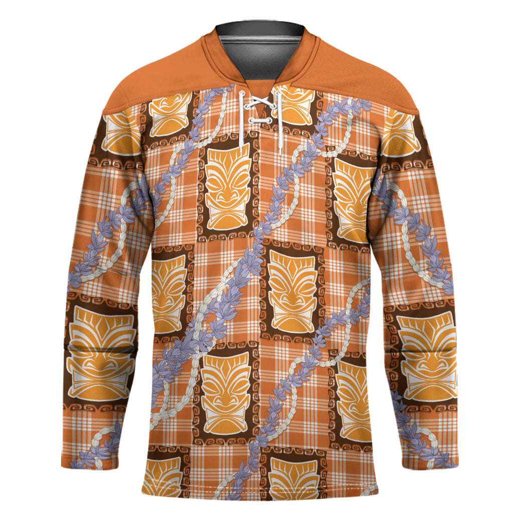 Aloha Hawaii Tiki Palaka Motifs Hockey Jersey Honohono Lei Orange Elegant Vibes