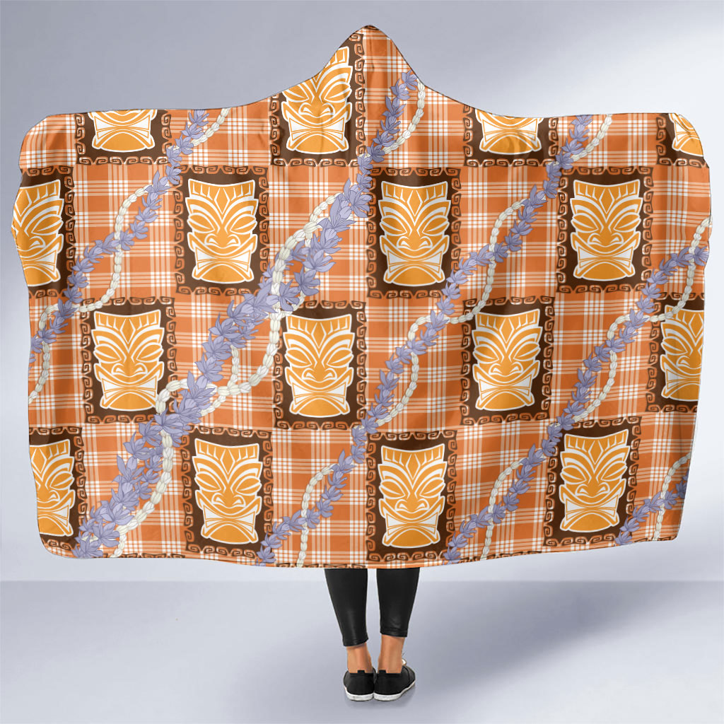 Aloha Hawaii Tiki Palaka Motifs Hooded Blanket Honohono Lei Orange Elegant Vibes