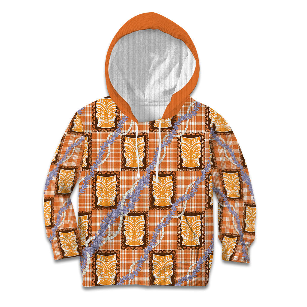 Aloha Hawaii Tiki Palaka Motifs Kid Hoodie Honohono Lei Orange Elegant Vibes