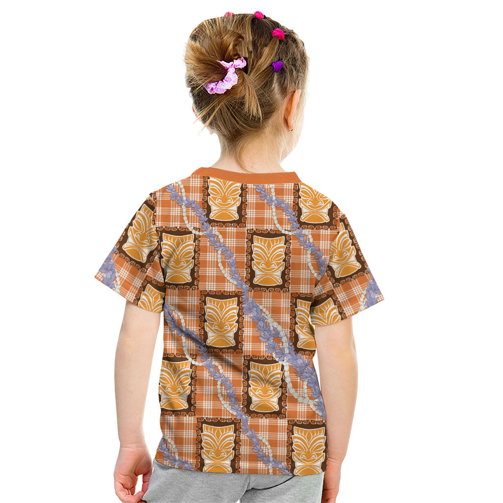 Aloha Hawaii Tiki Palaka Motifs Kid T Shirt Honohono Lei Orange Elegant Vibes