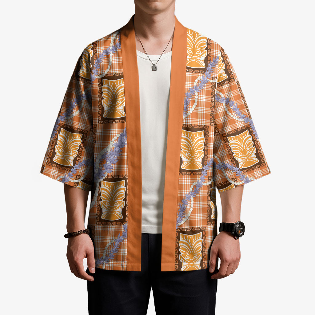 Aloha Hawaii Tiki Palaka Motifs Kimono Honohono Lei Orange Elegant Vibes