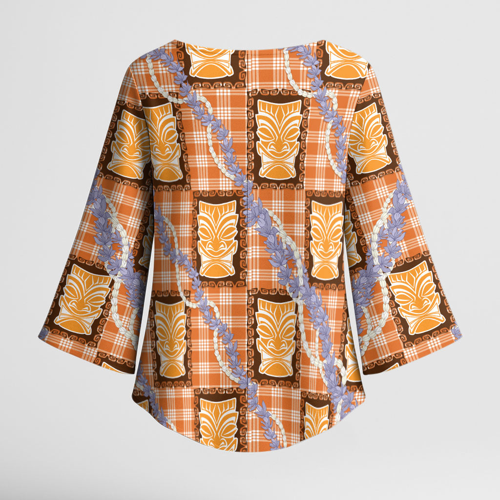 Aloha Hawaii Tiki Palaka Motifs Kimono Sleeve Blouse Honohono Lei Orange Elegant Vibes