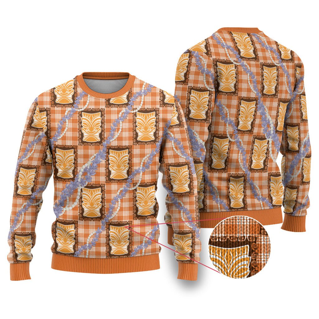 Aloha Hawaii Tiki Palaka Motifs Ugly Christmas Sweater Honohono Lei Orange Elegant Vibes LT14 Orange - Polynesian Pride