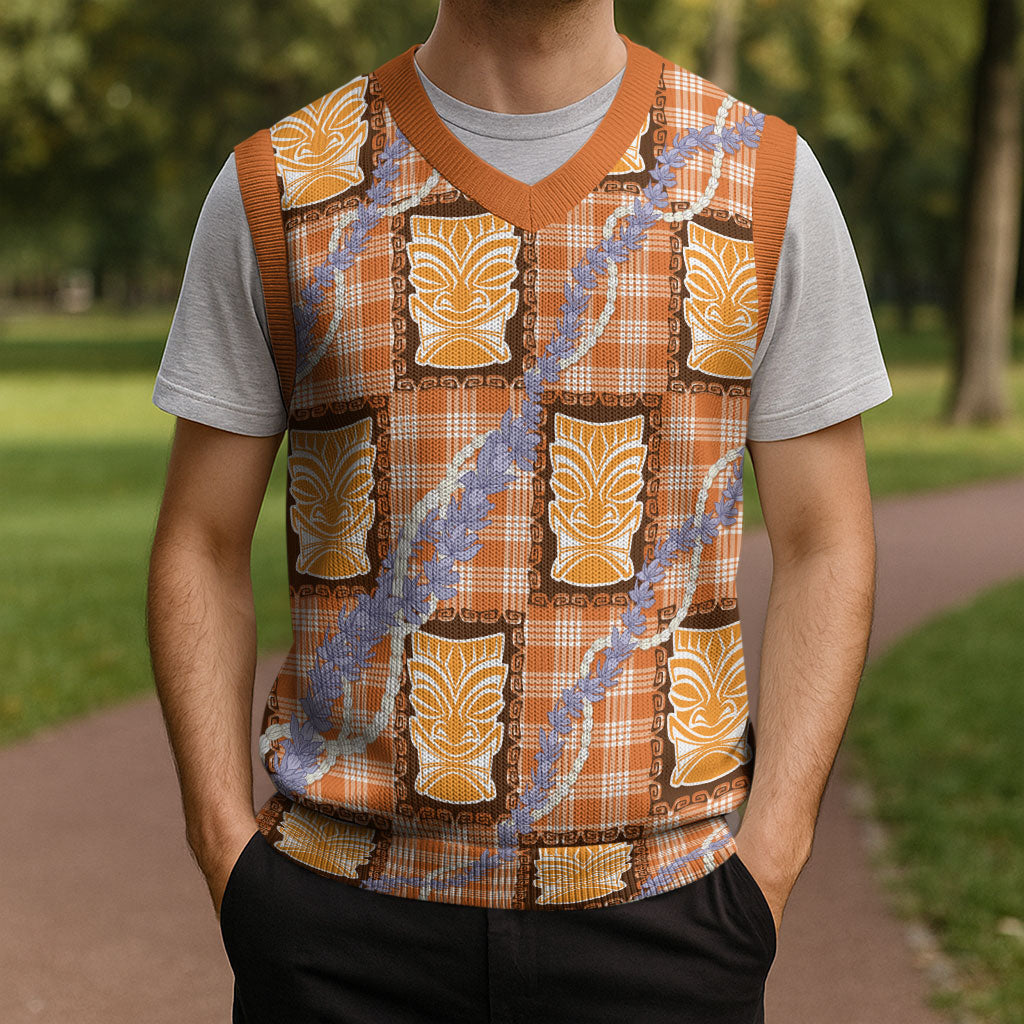 Aloha Hawaii Tiki Palaka Motifs Christmas Knitted V-Neck Vest Honohono Lei Orange Elegant Vibes LT14 - Polynesian Pride