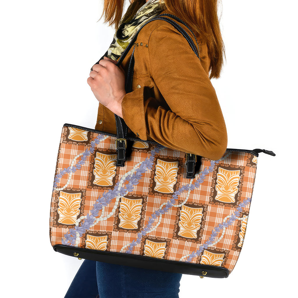 Aloha Hawaii Tiki Palaka Motifs Leather Tote Bag Honohono Lei Orange Elegant Vibes