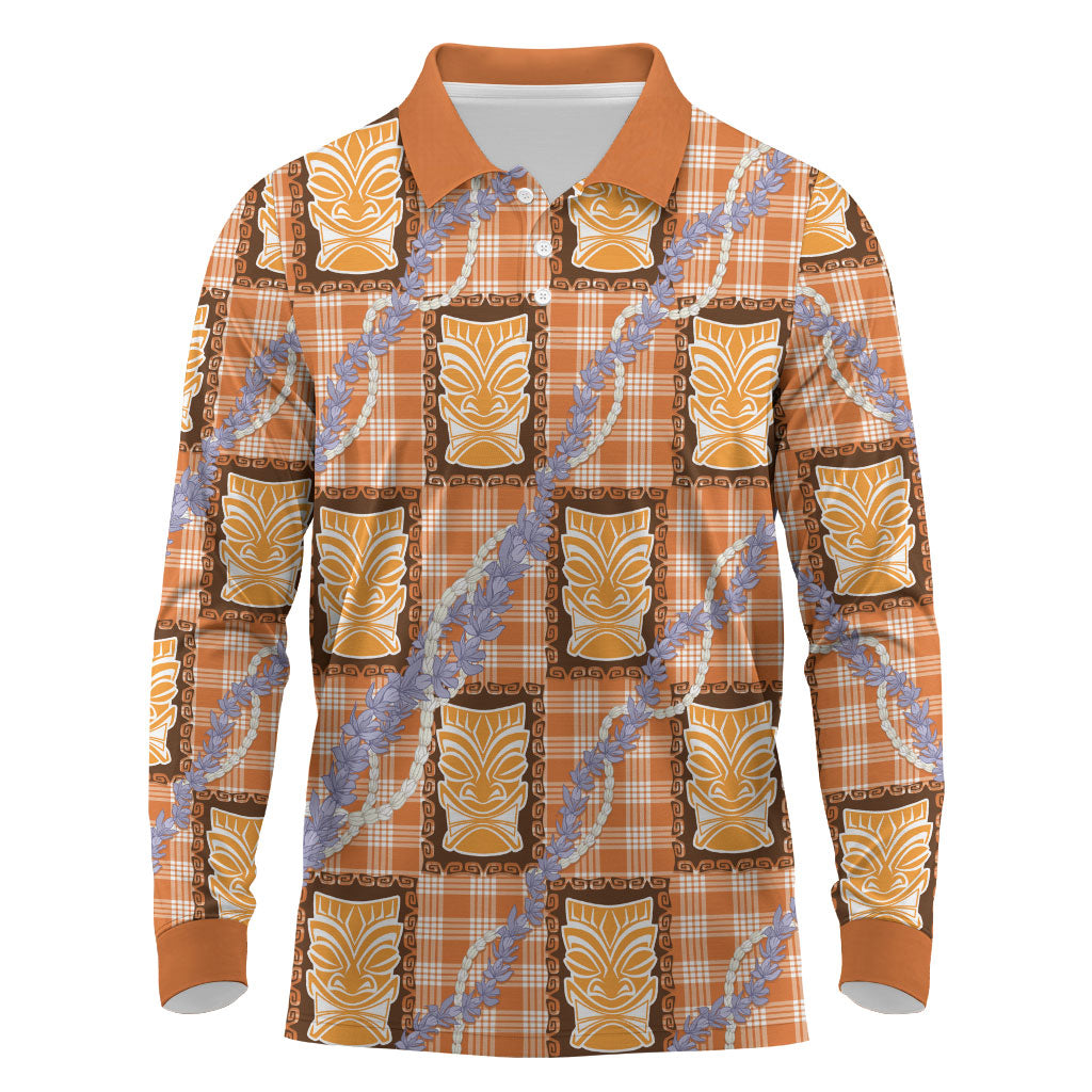 Aloha Hawaii Tiki Palaka Motifs Long Sleeve Polo Shirt Honohono Lei Orange Elegant Vibes