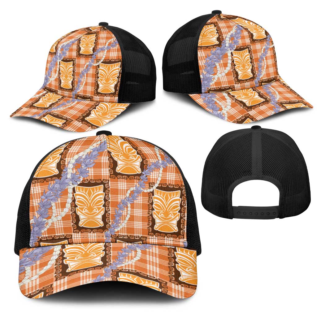 Aloha Hawaii Tiki Palaka Motifs Mesh Trucker Cap Honohono Lei Orange Elegant Vibes LT14 - Polynesian Pride