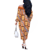 Aloha Hawaii Tiki Palaka Motifs Off The Shoulder Long Sleeve Dress Honohono Lei Orange Elegant Vibes LT14 - Polynesian Pride