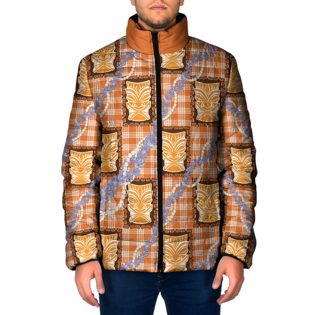 Aloha Hawaii Tiki Palaka Motifs Padded Jacket Honohono Lei Orange Elegant Vibes