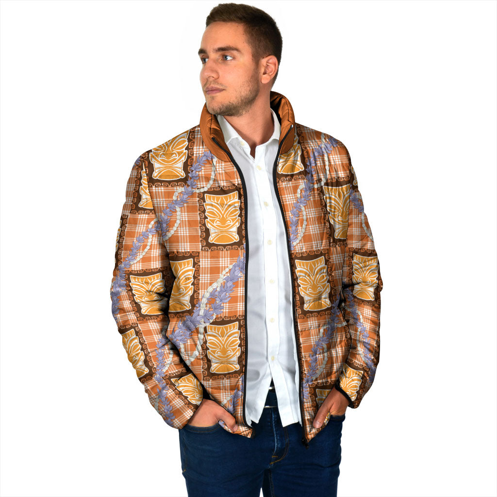 Aloha Hawaii Tiki Palaka Motifs Padded Jacket Honohono Lei Orange Elegant Vibes