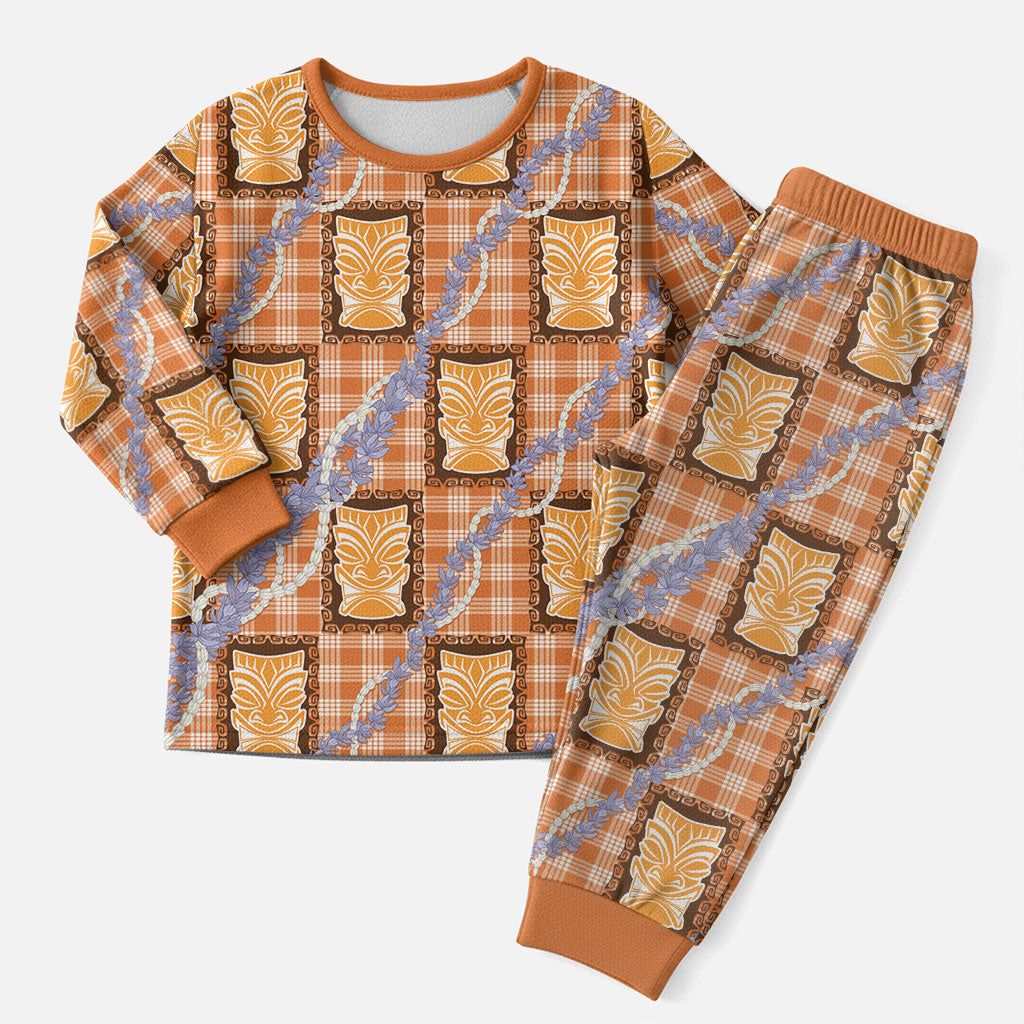 Aloha Hawaii Tiki Palaka Motifs Christmas Pajama Set Honohono Lei Orange Elegant Vibes LT14 Men Orange - Polynesian Pride