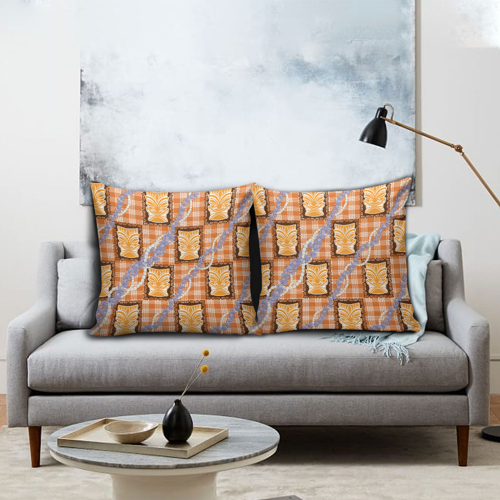 Aloha Hawaii Tiki Palaka Motifs Pillow Cover Honohono Lei Orange Elegant Vibes