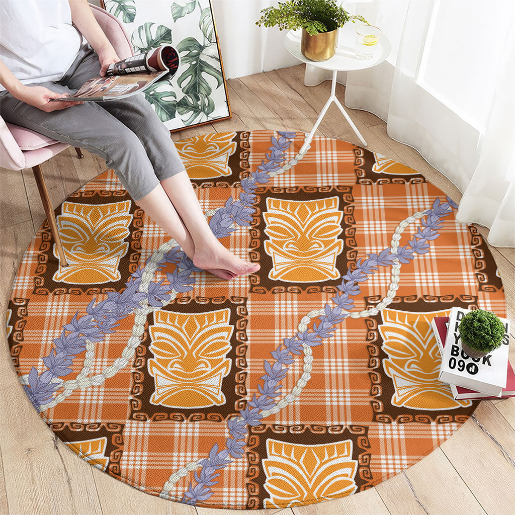 Aloha Hawaii Tiki Palaka Motifs Round Carpet Honohono Lei Orange Elegant Vibes