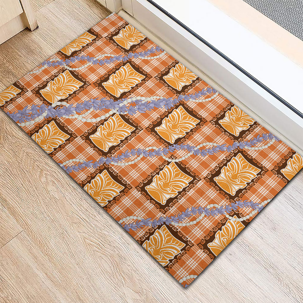 Aloha Hawaii Tiki Palaka Motifs Rubber Doormat Honohono Lei Orange Elegant Vibes