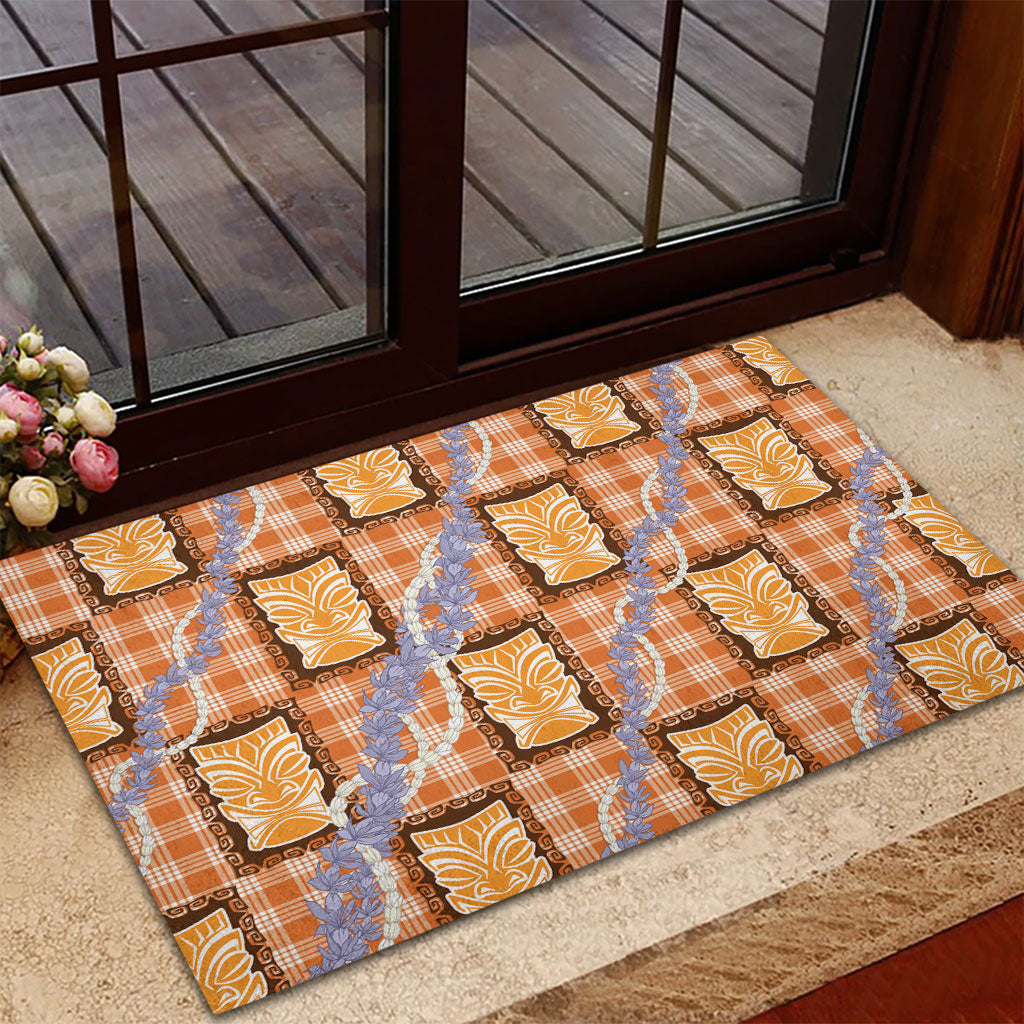 Aloha Hawaii Tiki Palaka Motifs Rubber Doormat Honohono Lei Orange Elegant Vibes