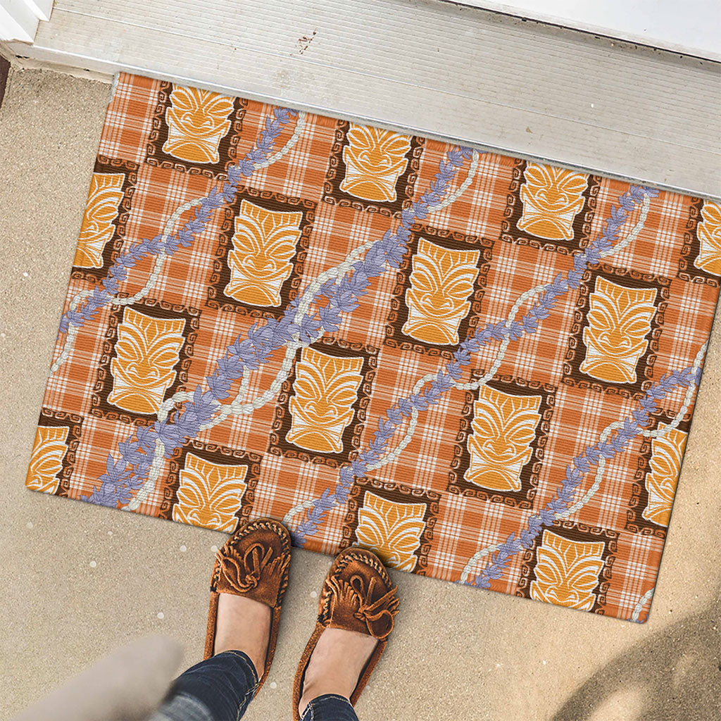 Aloha Hawaii Tiki Palaka Motifs Rubber Doormat Honohono Lei Orange Elegant Vibes