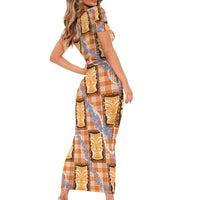 Aloha Hawaii Tiki Palaka Motifs Short Sleeve Bodycon Dress Honohono Lei Orange Elegant Vibes LT14 - Polynesian Pride