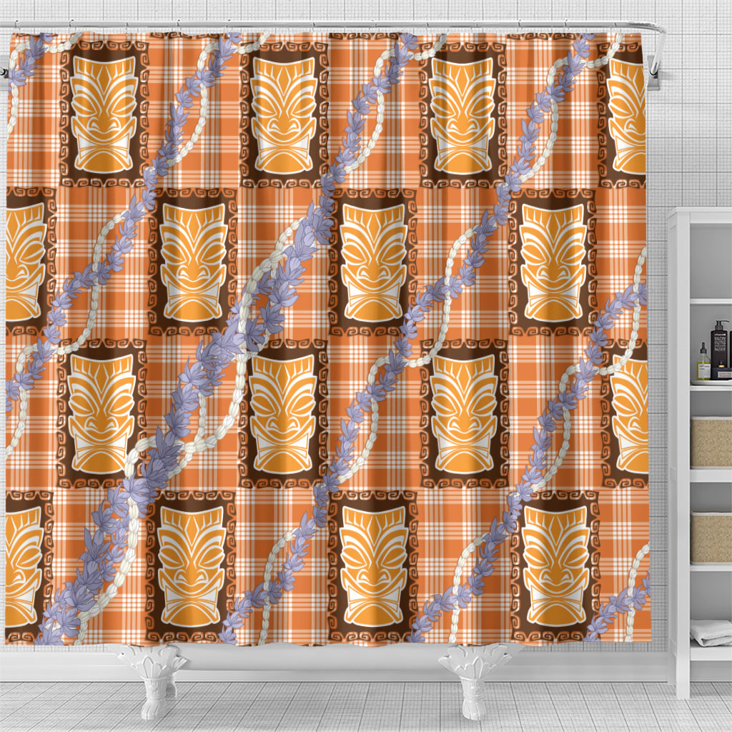 Aloha Hawaii Tiki Palaka Motifs Shower Curtain Honohono Lei Orange Elegant Vibes