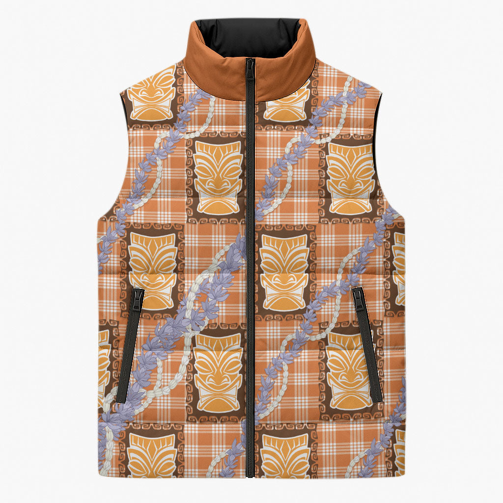 Aloha Hawaii Tiki Palaka Motifs Sleeveless Puffer Jacket Honohono Lei Orange Elegant Vibes