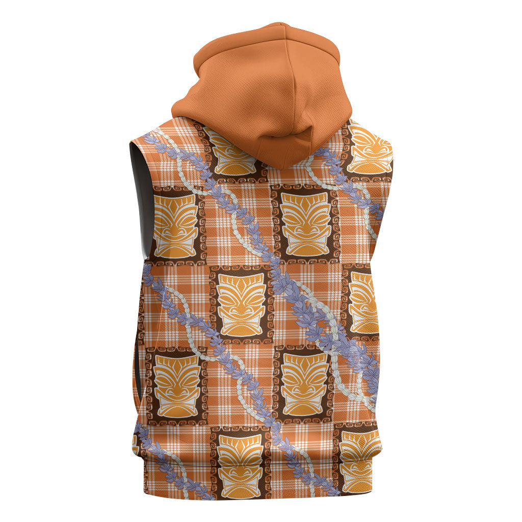 Aloha Hawaii Tiki Palaka Motifs Sleeveless Zip Hoodie Honohono Lei Orange Elegant Vibes LT14 - Polynesian Pride