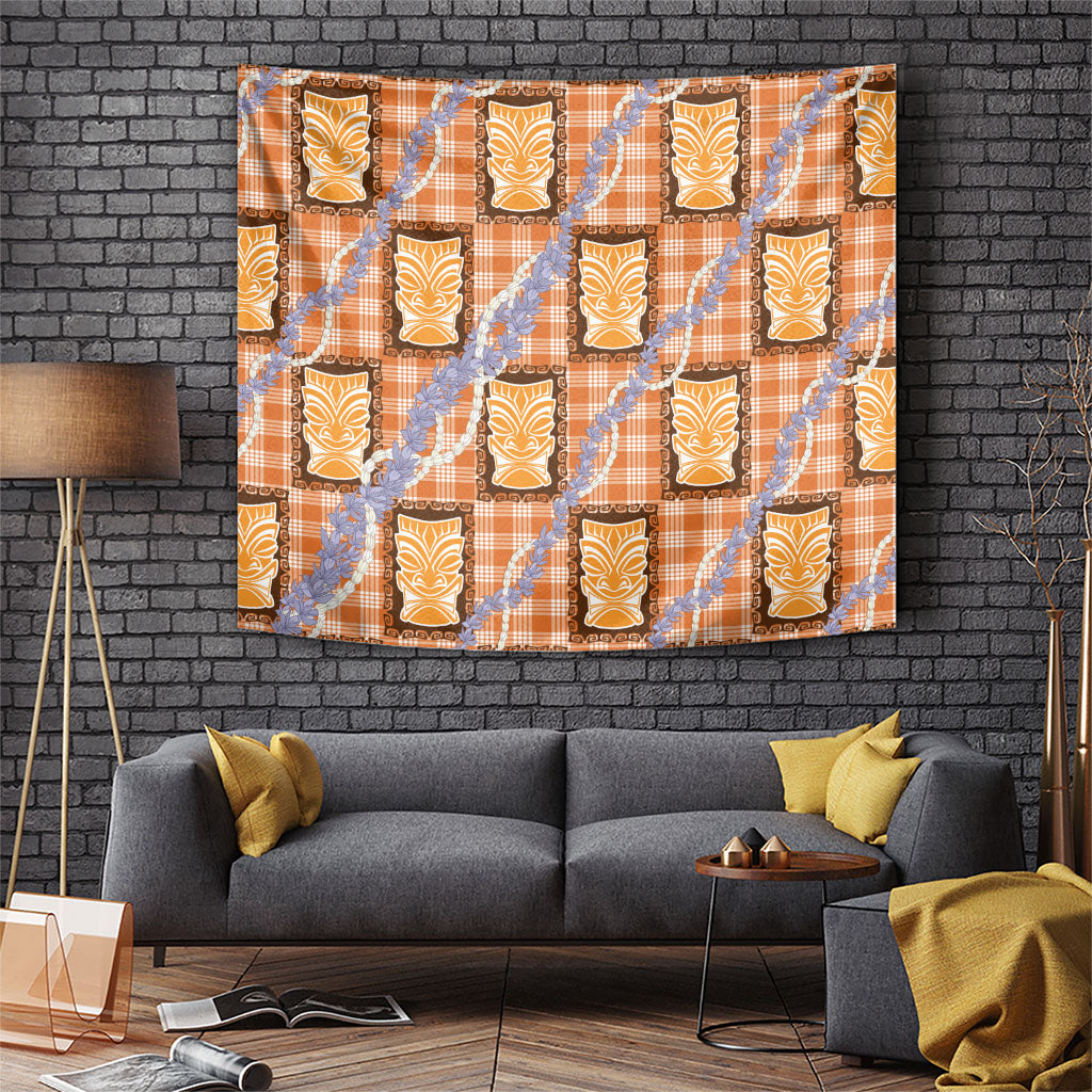 Aloha Hawaii Tiki Palaka Motifs Tapestry Honohono Lei Orange Elegant Vibes