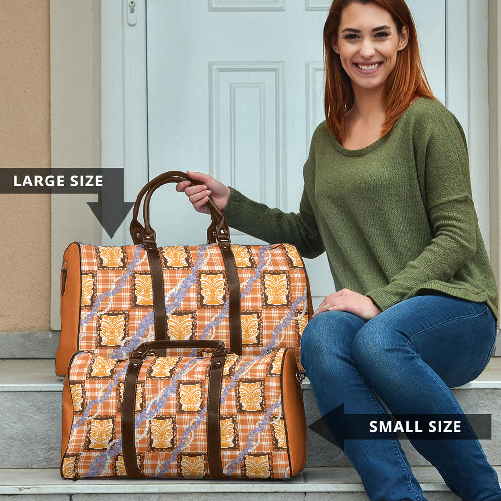 Aloha Hawaii Tiki Palaka Motifs Travel Bag Honohono Lei Orange Elegant Vibes