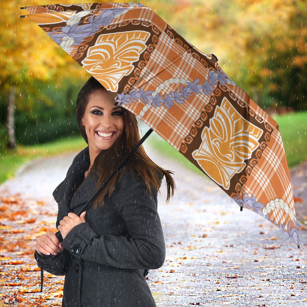 Aloha Hawaii Tiki Palaka Motifs Umbrella Honohono Lei Orange Elegant Vibes