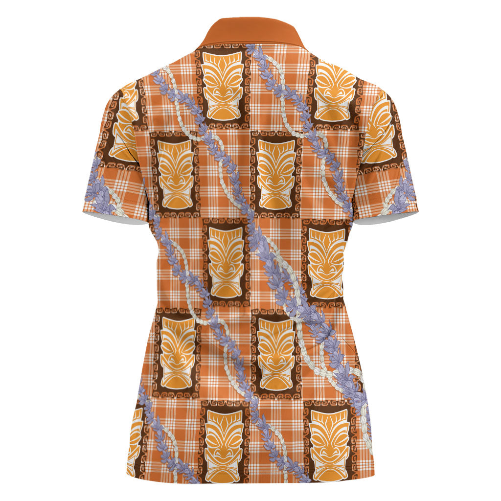 Aloha Hawaii Tiki Palaka Motifs Women Polo Shirt Honohono Lei Orange Elegant Vibes LT14 - Polynesian Pride