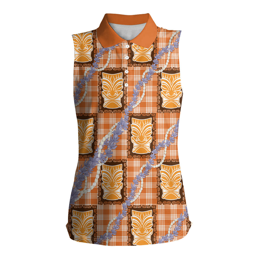 Aloha Hawaii Tiki Palaka Motifs Women Sleeveless Polo Shirt Honohono Lei Orange Elegant Vibes