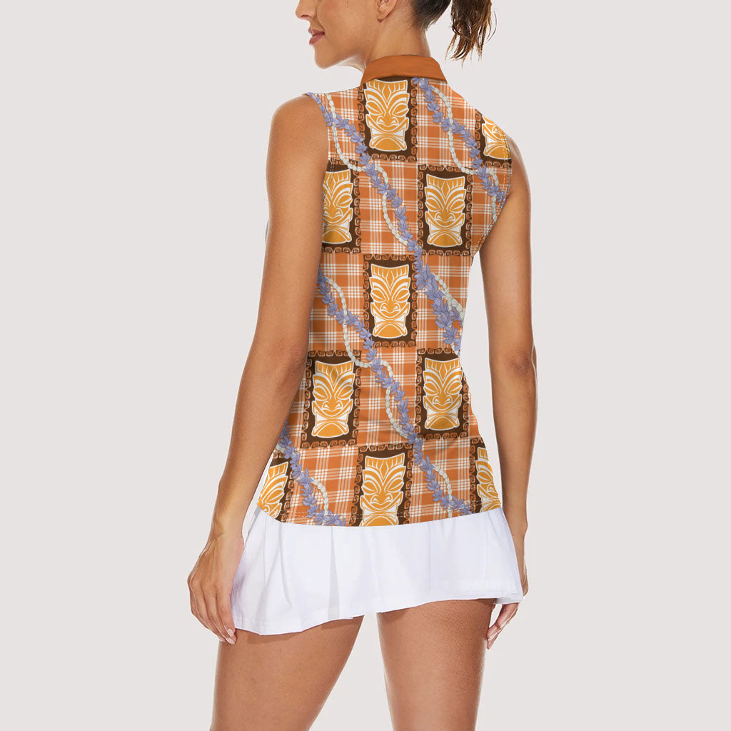 Aloha Hawaii Tiki Palaka Motifs Women Sleeveless Polo Shirt Honohono Lei Orange Elegant Vibes LT14 - Polynesian Pride