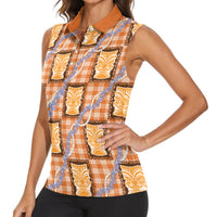 Aloha Hawaii Tiki Palaka Motifs Women Sleeveless Polo Shirt Honohono Lei Orange Elegant Vibes LT14 - Polynesian Pride