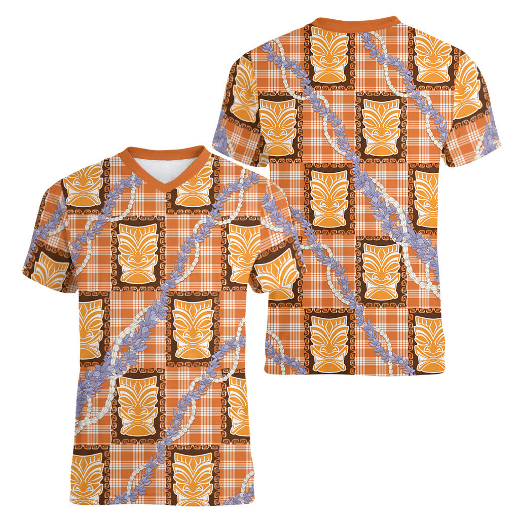 Aloha Hawaii Tiki Palaka Motifs Women V-Neck T-Shirt Honohono Lei Orange Elegant Vibes LT14 - Polynesian Pride