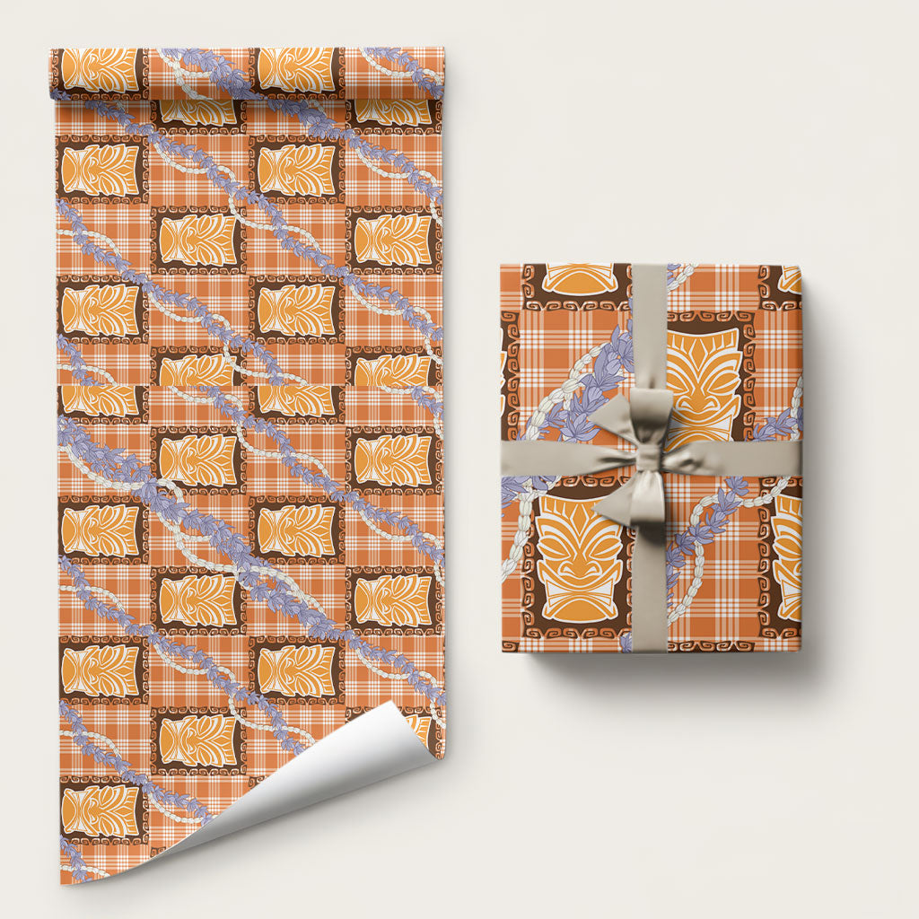 Aloha Hawaii Tiki Palaka Motifs Wrapping Paper Honohono Lei Orange Elegant Vibes