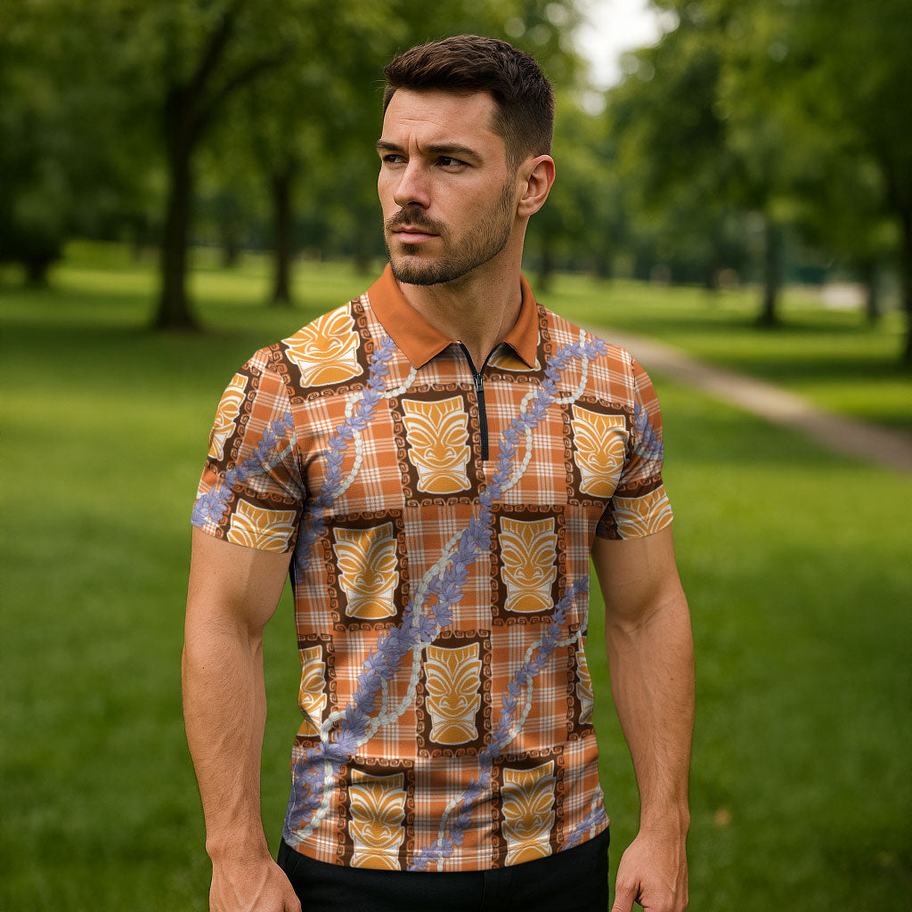 Aloha Hawaii Tiki Palaka Motifs Zipper Polo Shirt Honohono Lei Orange Elegant Vibes LT14 - Polynesian Pride