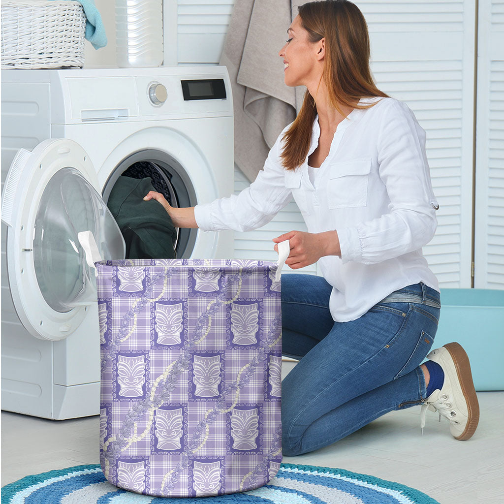 Aloha Hawaii Tiki Palaka Motifs Laundry Basket Honohono Lei Purple Elegant Vibes