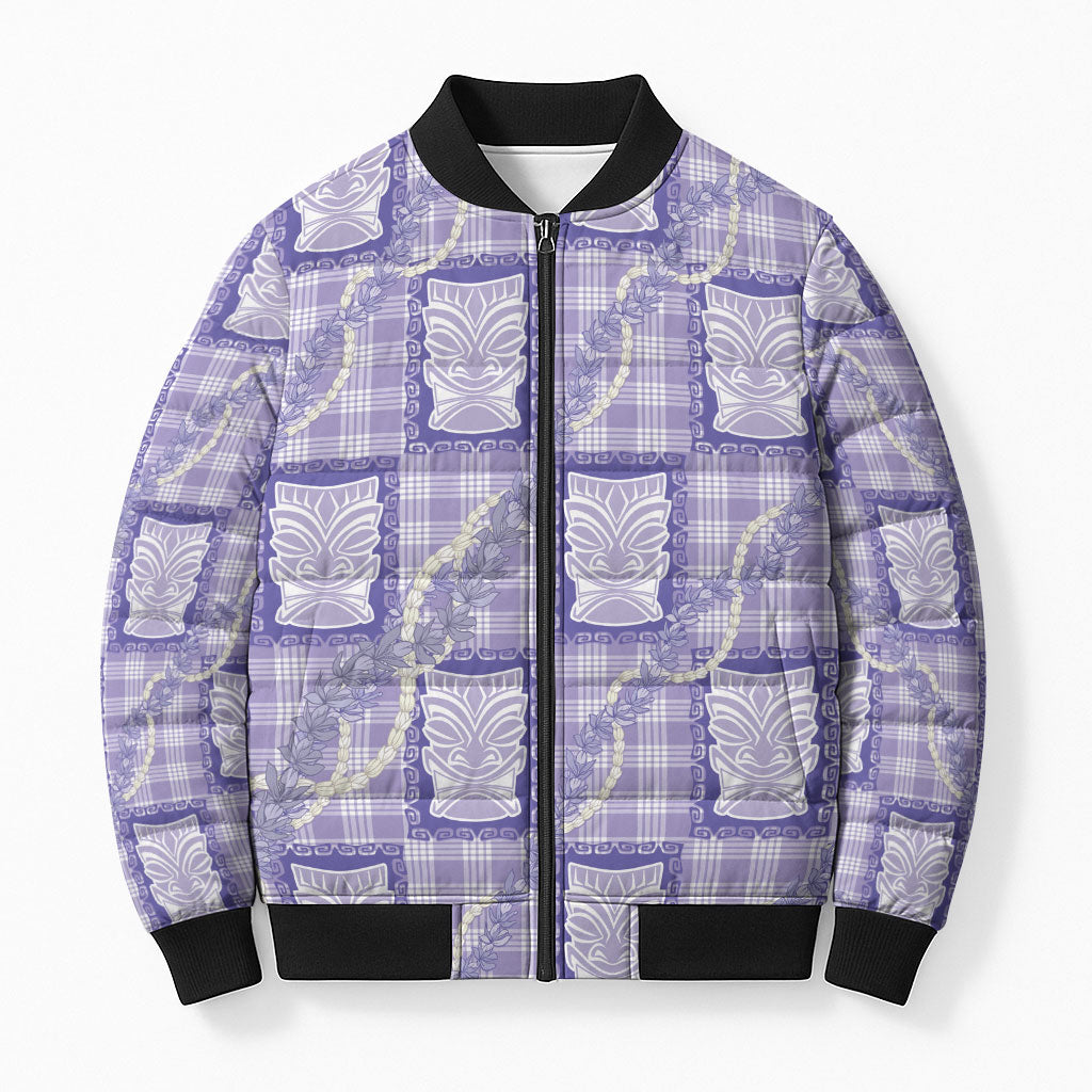Aloha Hawaii Tiki Palaka Motifs Bomber Puffer Jacket Honohono Lei Purple Elegant Vibes