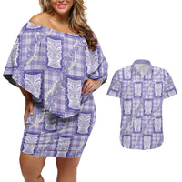 Aloha Hawaii Tiki Palaka Motifs Couples Matching Off Shoulder Short Dress and Hawaiian Shirt Honohono Lei Purple Elegant Vibes LT14 Purple - Polynesian Pride