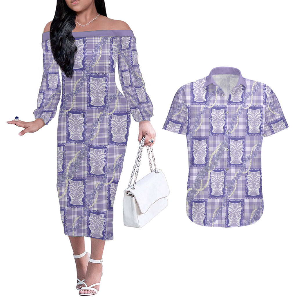 Aloha Hawaii Tiki Palaka Motifs Couples Matching Off The Shoulder Long Sleeve Dress and Hawaiian Shirt Honohono Lei Purple Elegant Vibes LT14 Purple - Polynesian Pride
