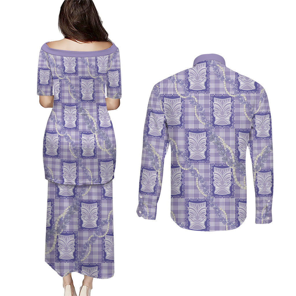 Aloha Hawaii Tiki Palaka Motifs Couples Matching Puletasi and Long Sleeve Button Shirt Honohono Lei Purple Elegant Vibes LT14 - Polynesian Pride