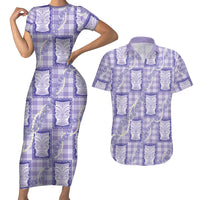 Aloha Hawaii Tiki Palaka Motifs Couples Matching Short Sleeve Bodycon Dress and Hawaiian Shirt Honohono Lei Purple Elegant Vibes LT14 Purple - Polynesian Pride