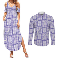 Aloha Hawaii Tiki Palaka Motifs Couples Matching Summer Maxi Dress and Long Sleeve Button Shirt Honohono Lei Purple Elegant Vibes LT14 Purple - Polynesian Pride