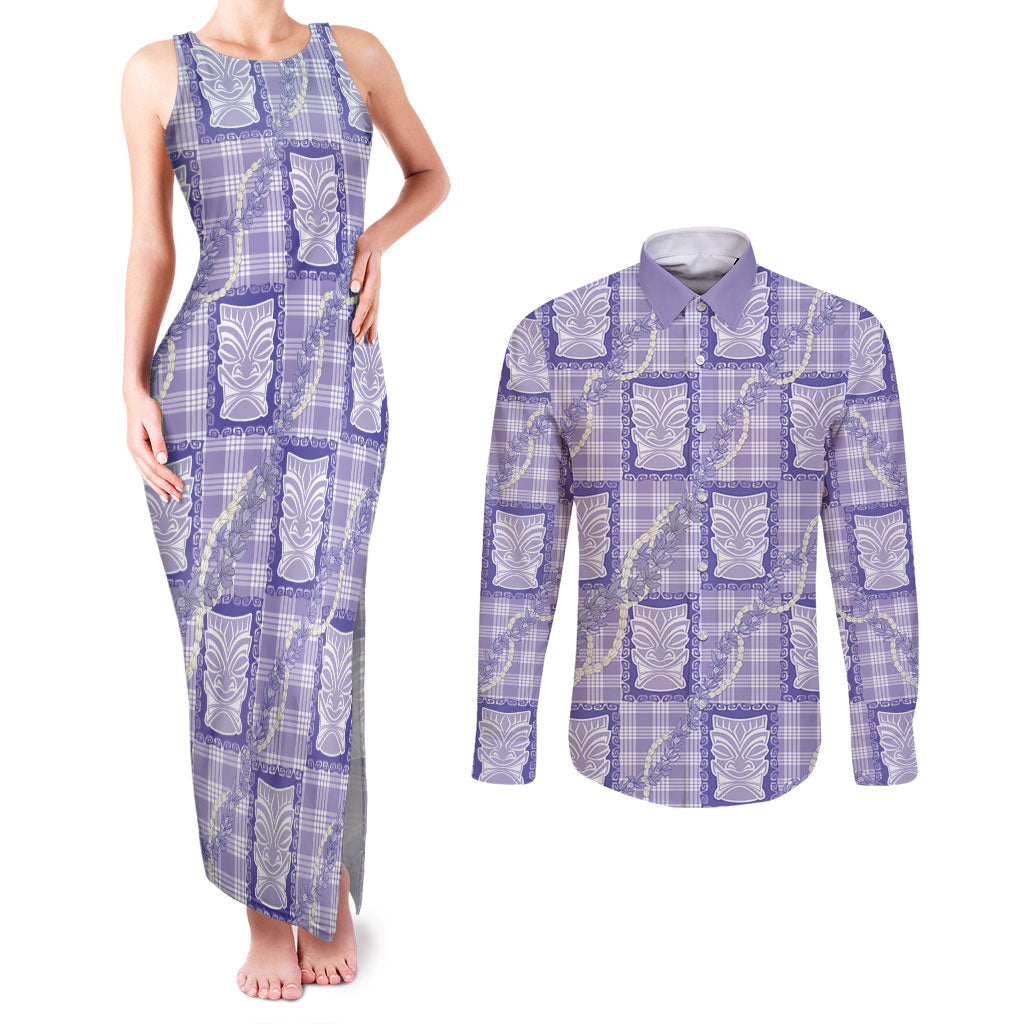 Aloha Hawaii Tiki Palaka Motifs Couples Matching Tank Maxi Dress and Long Sleeve Button Shirt Honohono Lei Purple Elegant Vibes