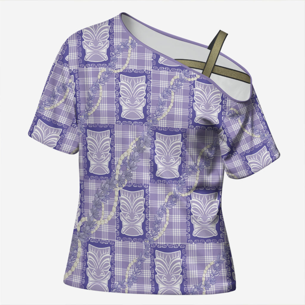 Aloha Hawaii Tiki Palaka Motifs Cross Shoulder Shirt Honohono Lei Purple Elegant Vibes